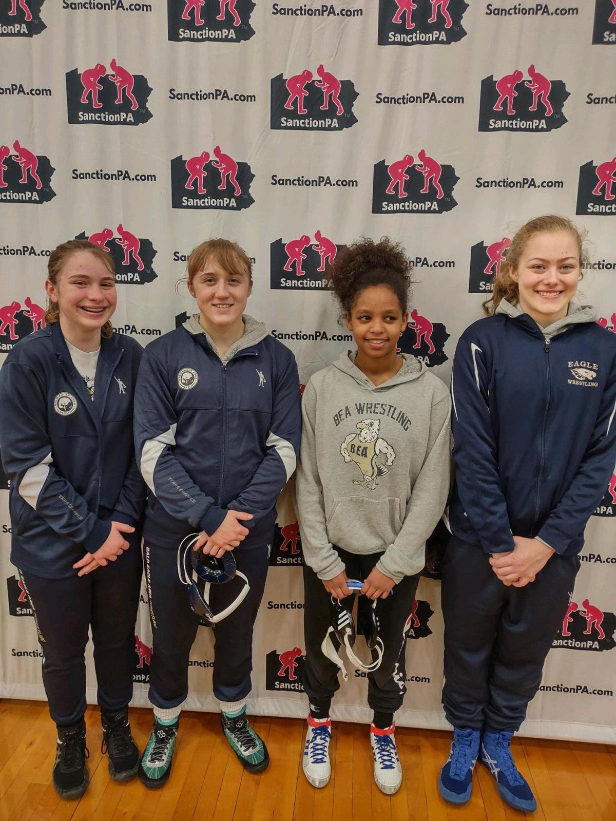 Members of the inaugural Bald Eagle Area girls wrestling team competed in the 2022 MyHouse Girls State Championships on Sunday, March 13, 2022 at Central Dauphin High School in Harrisburg. Wrestlers from left to right are Cameron Corl-Alton, Grace Stem, Eden Eveleth and Grace Crestani.