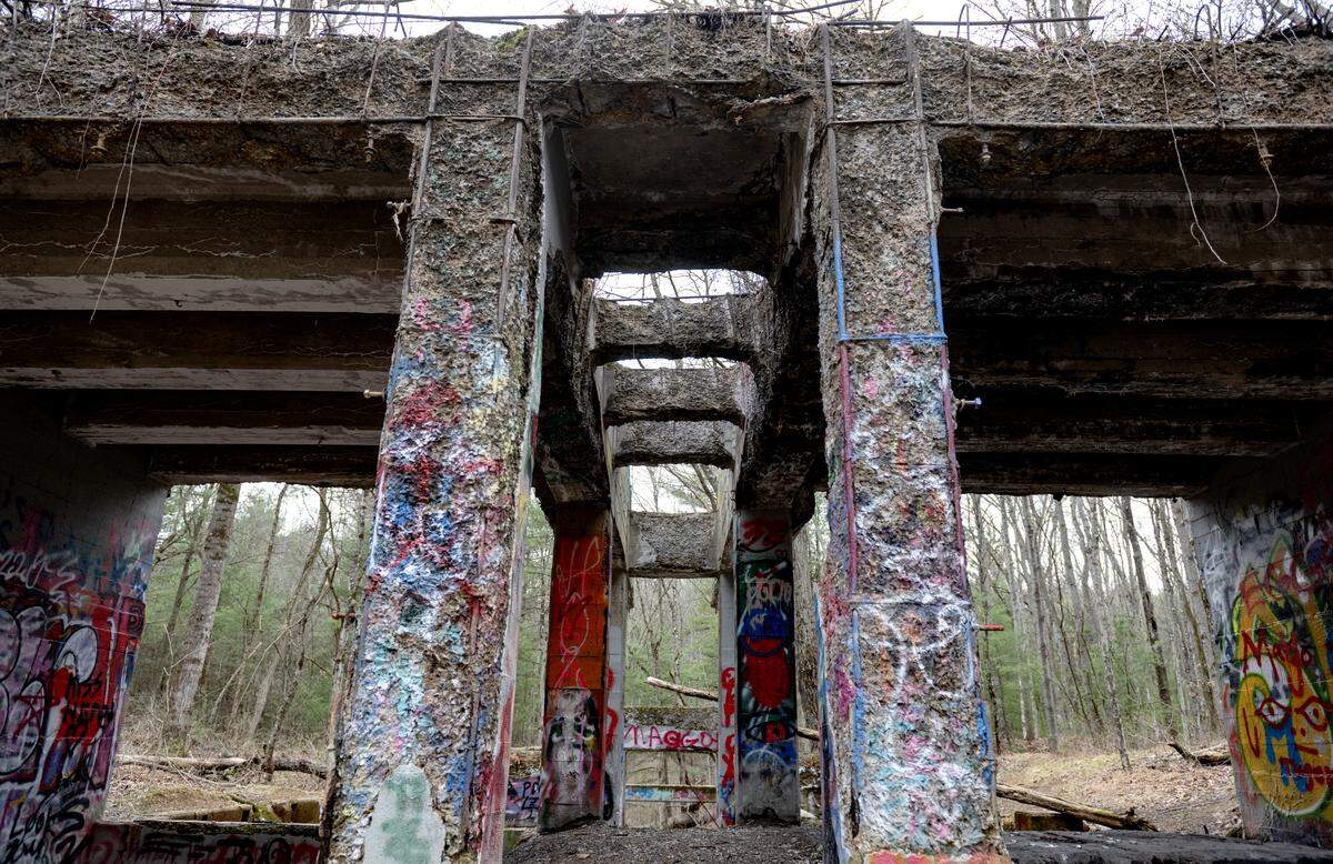 Graffiti covers the 1940s hopper foundation in Scotia on Friday, March 27, 2026. 