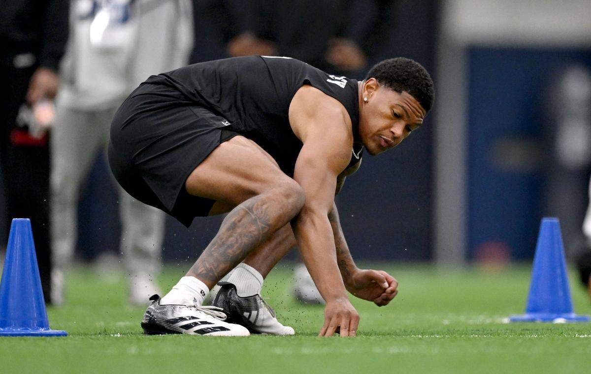 Safety Zakee Wheatley runs the 3-cone during Penn State Pro Day on Wednesday, March 18, 2026. His time was 6.89.