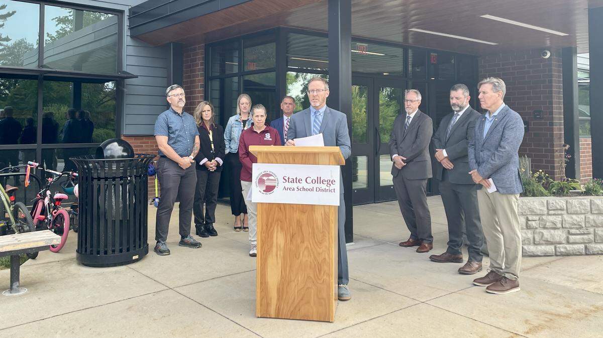 David Masur, executive director of PennEnvironment, spoke at Corl Street Elementary School on Friday to highlight new findings touting the potential of new investments in solar arrays at Pennsylvania schools. He was joined by other local officials and State College Area School District administrators, including Amy Bader, the school board president, and State Rep. Paul Takac, D-College Township.