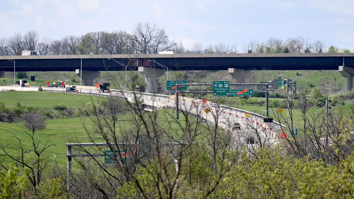 Traffic travels along U.S. Route 322 westbound and past the Innovation Park/Penn State University exit on April 22. The exit was closed for construction but is set to reopen next week.