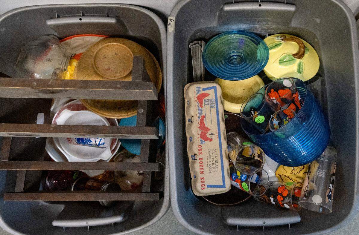 Bins of antiques on Wednesday, April 19, 2023 as Apple Hill Antiques moves from 169 Gerald St. to their new location at 2221 East College Ave.