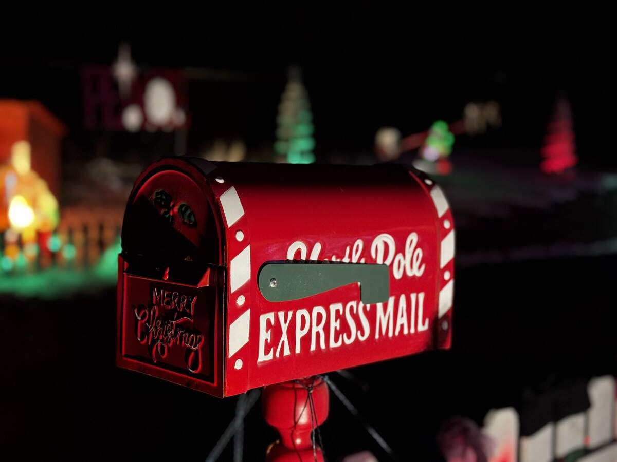 A mailbox for letters to Santa Claus is lit at 1231 Shamrock Ave., State College, on Dec. 4, 2025.