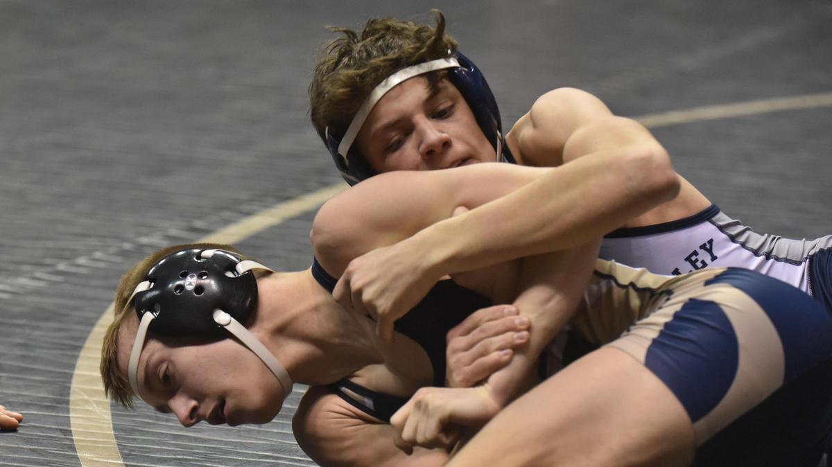 Penns Valley’s Baylor Shunk aims to tilt Bald Eagle Area’s Garrett Giedroc in their 120-pound Class 2A Southwest Regional fifth-place match on Saturday in Indiana. Shunk earned a 15-0 technical fall in 3:51.