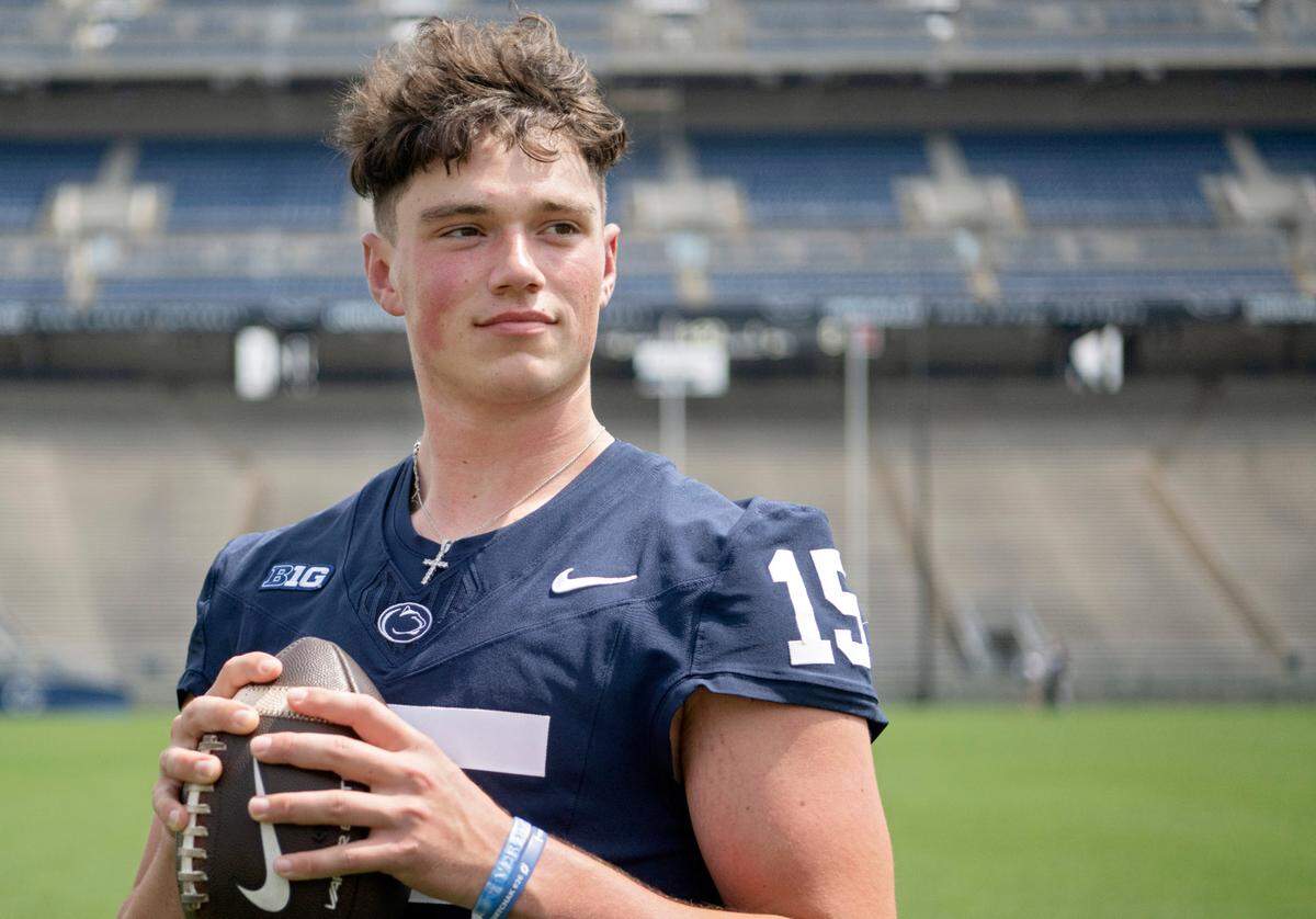 Penn State quarterback Drew Allar poses for a photo in Beaver Stadium during media day on Sunday, Aug. 6, 2023.
