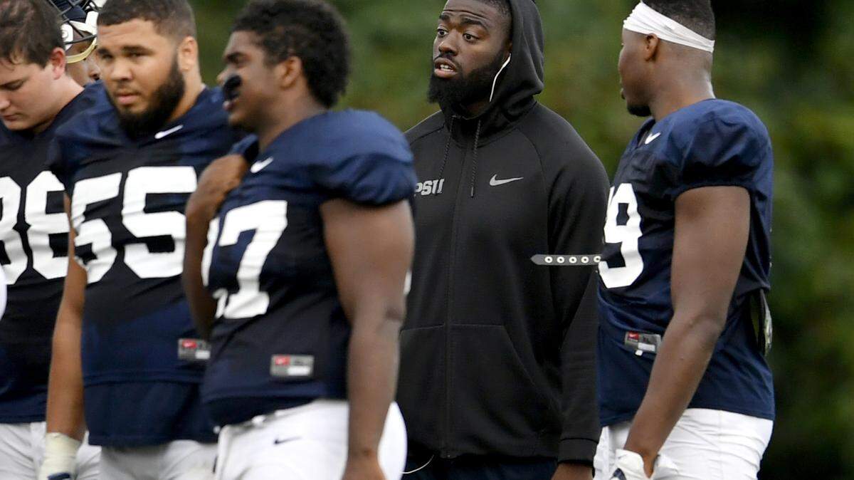Penn State defensive end Torrence Brown with his teammates during practice on Tuesday, August 21, 2018. Brown announced he will no longer play football due to injuries.