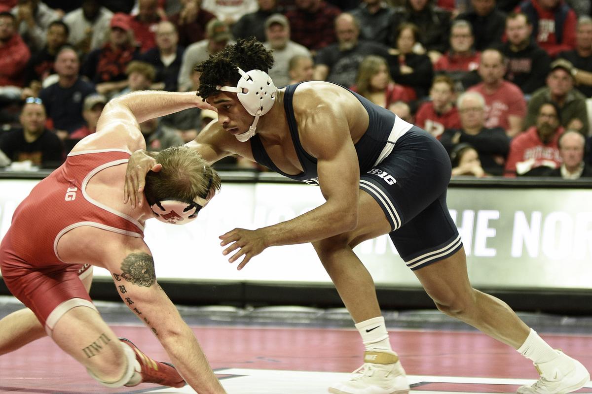 Penn State’s Carter Starocci looks for a takedown of Rutgers’ Jackson Turley in their 174-pound match of the Nittany Lions’ 33-8 win on Friday, Feb. 10, 2023 in Piscataway, N.J. Starocci beat Turley, 16-3.