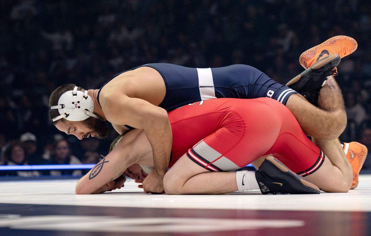 Penn State's Shayne Van Ness controls Ohio State’s Brogan Fielding in the 149 lb bout on Friday, Feb. 13, 2026 at the Bryce Jordan Center.