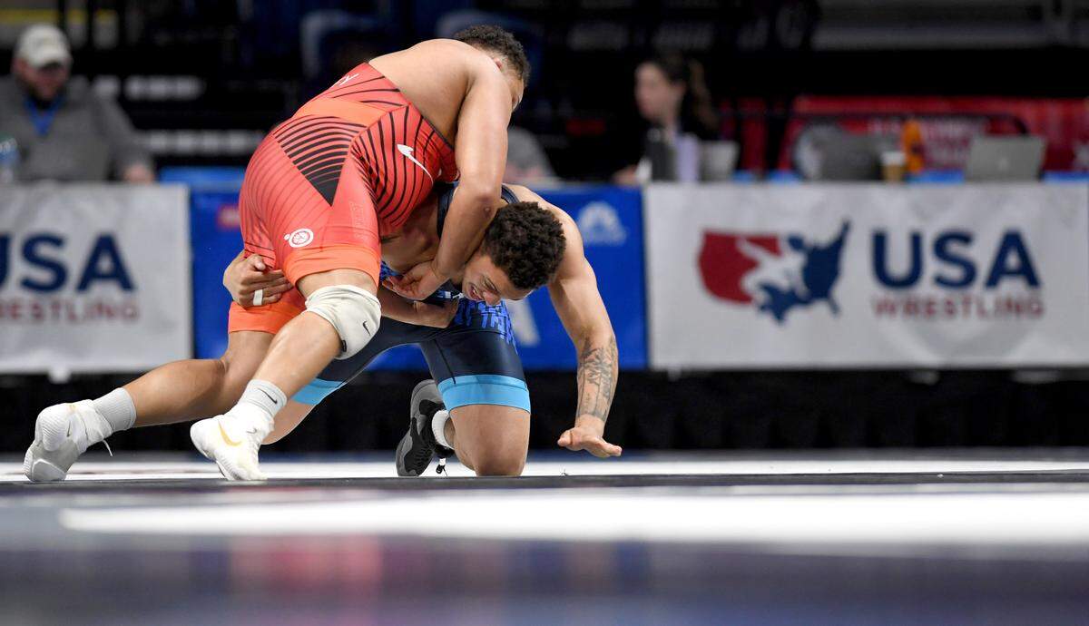Dominique Bradley controls Greg Kerkvliet in the 125 kg third place bout during the U.S. Olympic Team Trials at the Bryce Jordan Center on Saturday, April 20, 2024.