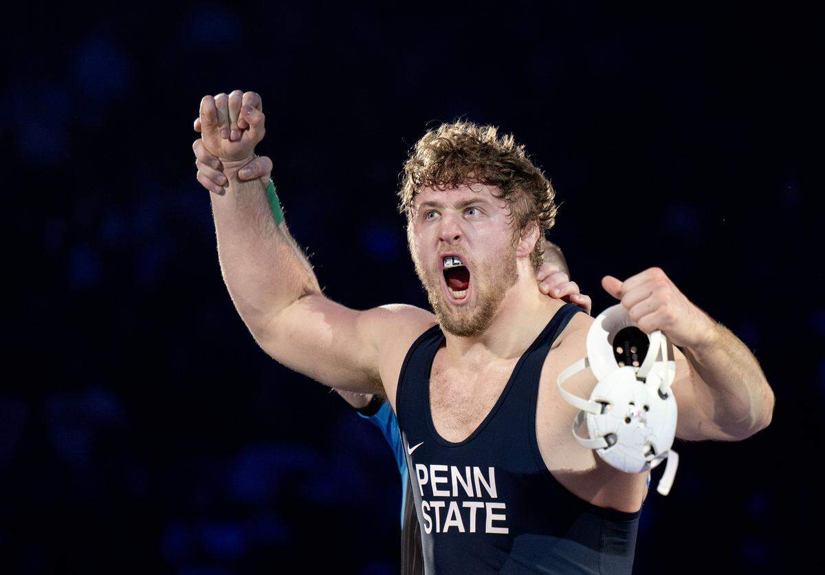 Penn State's Cole Mirasola celebrates his win over Ohio State’s Nick Feldman in the 285 lb bout of the match on Friday, Feb. 13, 2026 at the Bryce Jordan Center.