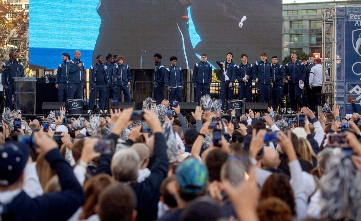 Penn State football coach James Franklin and several players pump up the crowd at the pep rally hosted by the Penn State Alumni Association on Sunday, Jan. 1, 2023.