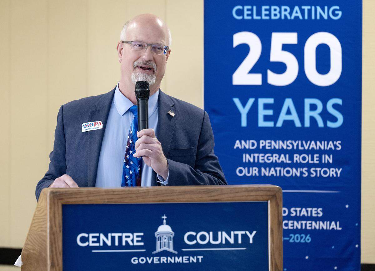 Centre County Commissioner Mark Higgins speaks during the America250PA Centre County kick off event on Feb. 23, 2026.