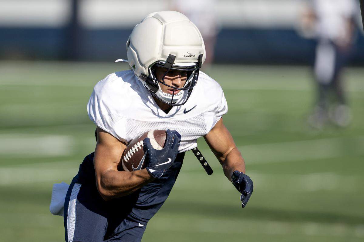 Penn State wide receiver Trebor Peña runs a drill during practice on Wednesday, Sept. 3, 2025.