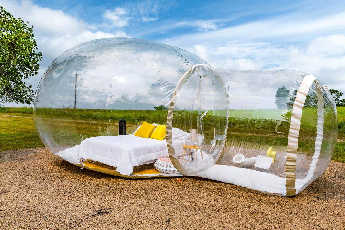 A stargazing bubble tent at the Ricketts Chic Farmhouse, an Airbnb located near Ricketts Glen State Park.