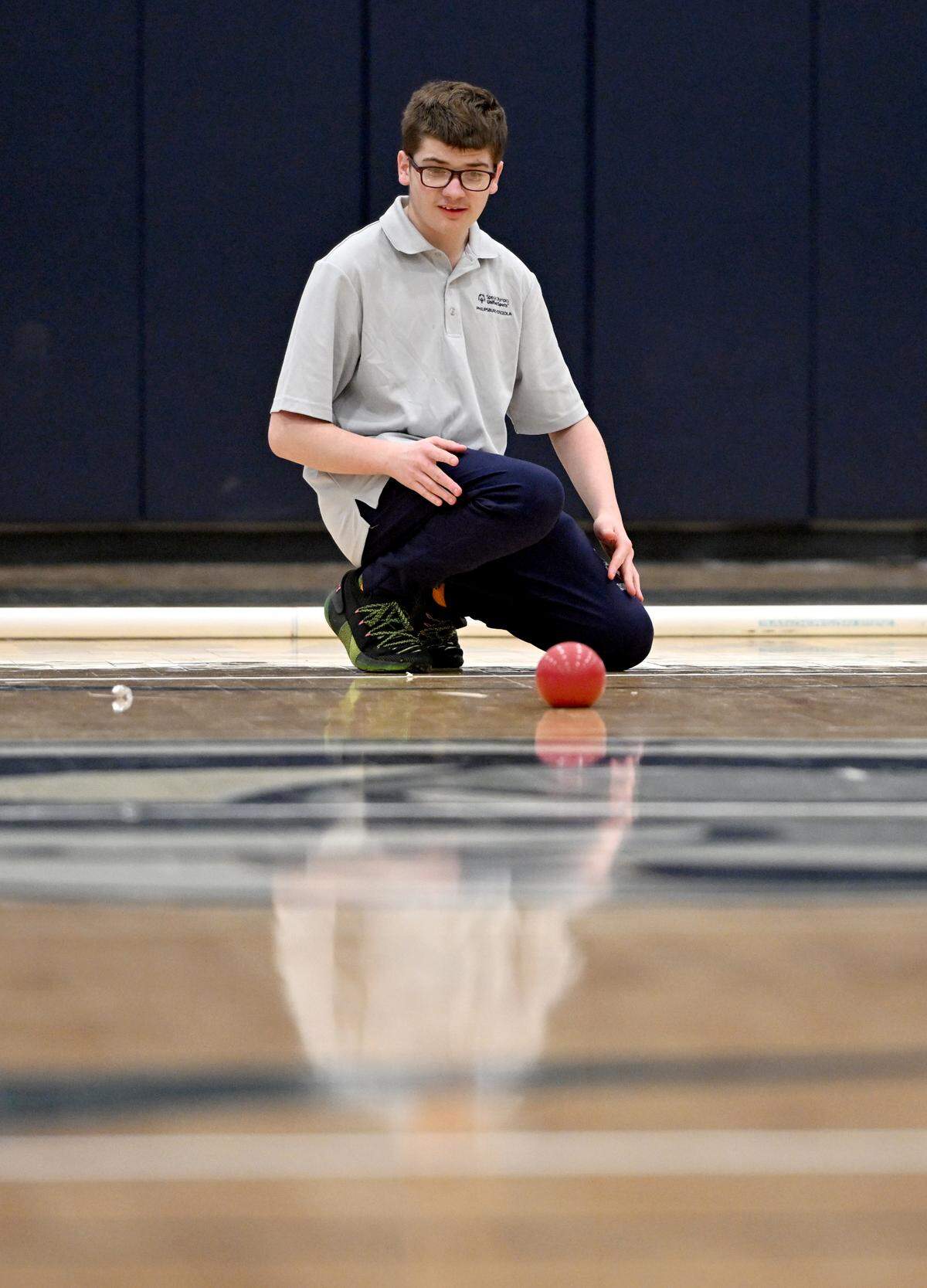 Philipsburg-Osceola’s Danny Glessner watches his roll during the unified bocce match against Penns Valley on Thursday, Jan. 30, 2025.