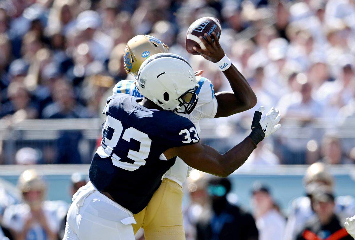 Penn state defensive end Dani Dennis-Sutton pressures UCLA quarterback Justyn Martin during the game on Saturday, Oct. 5, 2024 at Beaver Stadium.