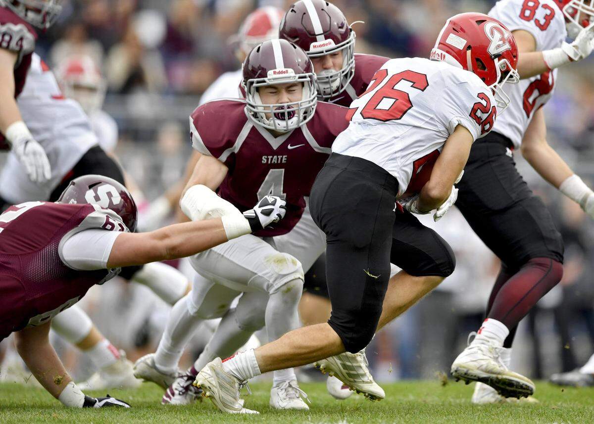 State College’s Kyle Domicos stops Cumberland Valley’s Kellan Walker during the Beaver Stadium Classic on Saturday, Oct. 26, 2019.