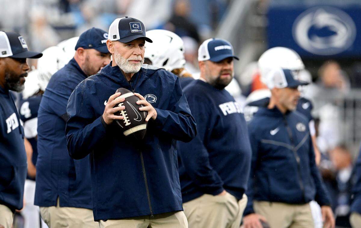 Penn State defensive coordinator Jim Knowles watches as the team warms up for the game against FIU on Saturday, Sept. 6, 2025 at Beaver Stadium.  