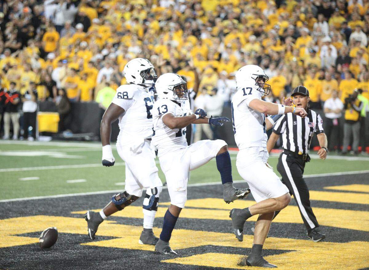 IOWA CITY, IA - OCTOBER 18: Running back Kaytron Allen #13 of the Penn State Nittany Lions celebrates after a touchdown in the first half against the Iowa Hawkeyes on October 18, 2025 at Kinnick Stadium, in Iowa City, Iowa. (Photo by Matthew Holst/Getty Images)