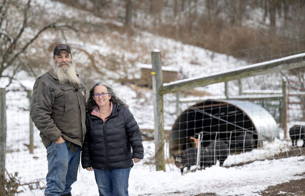 Greg Stuber and Nancy Katlenback of Pole Cat Hollow Farm on Thursday, Dec. 4, 2025. 