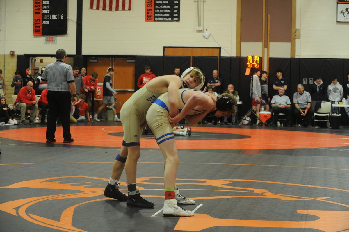 Bald Eagle Area’s Tanner Guenot controls Chestnut Ridge’s Dominic Deputy in their 107-pound finals match of the Laurel Highlands Athletic Conference tournament on Saturday at Tyrone. Deputy edged Guenot, 3-0.