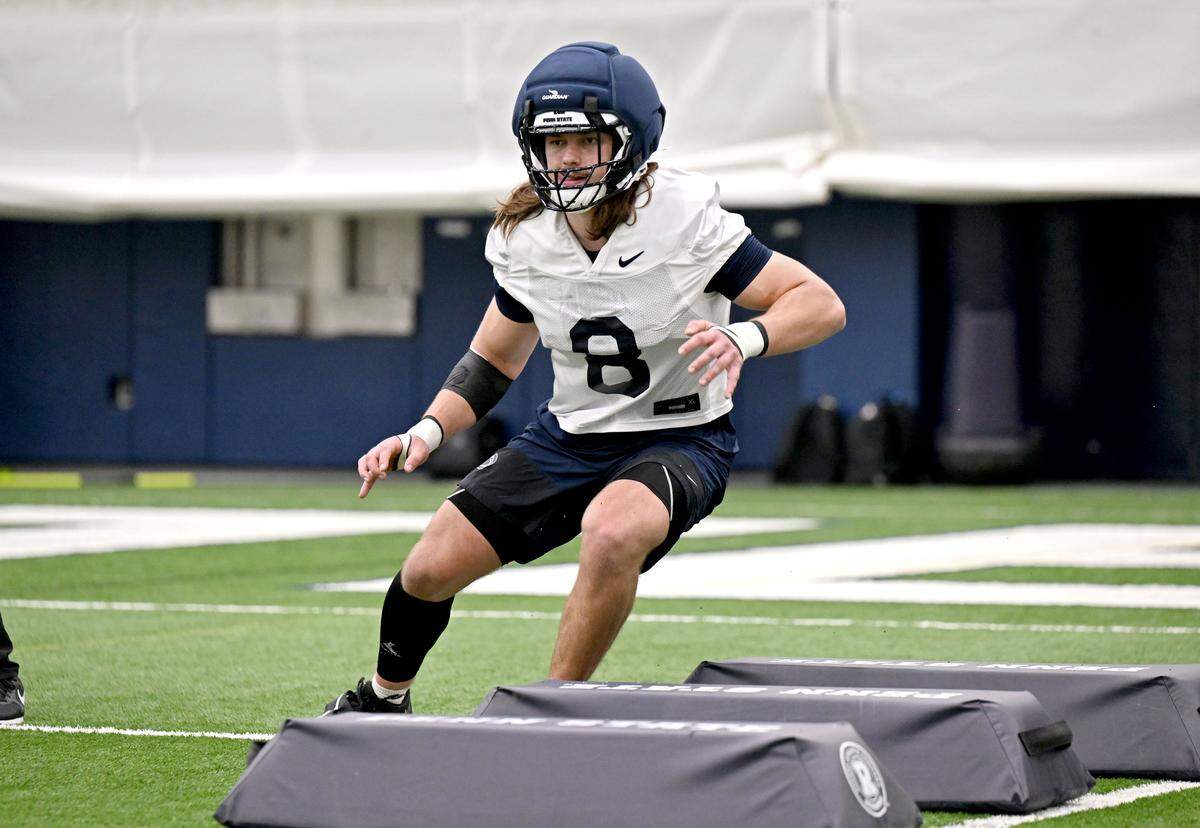 Penn State linebacker Kooper Ebel runs a drill during spring practice on Thursday, March 26, 2026.  