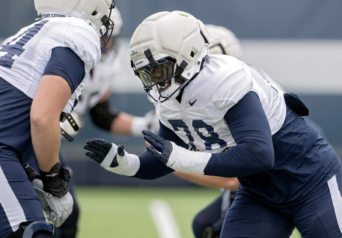Penn State offensive lineman Malachi Goodman runs a drill during practice on Tuesday, Aug. 19, 2025.  