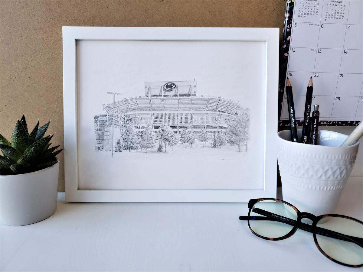 A drawing of Beaver Stadium by Alyssa Wheeler. The Penn State alumna partnered with The Corner Room to donate a portion of her print profits to help community members.
