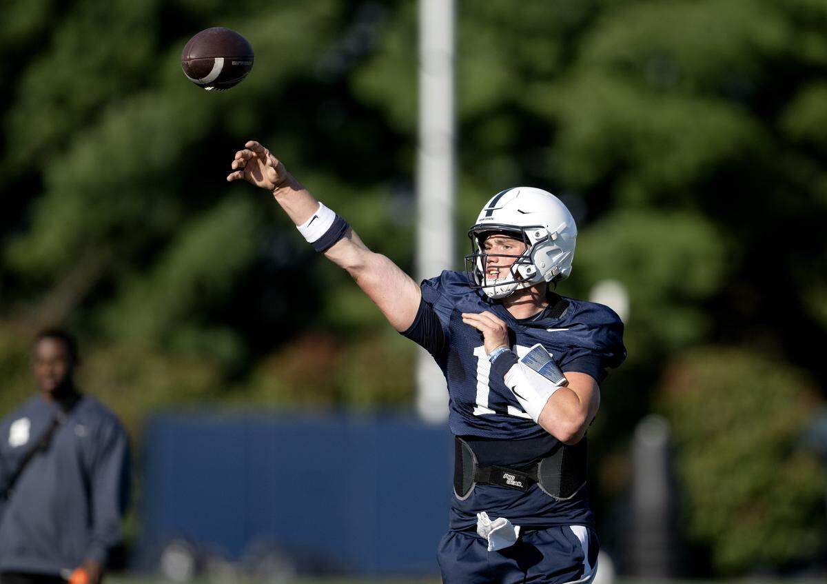 Penn State quarterback Drew Allar makes a pass during practice on Wednesday, Sept. 3, 2025.  
