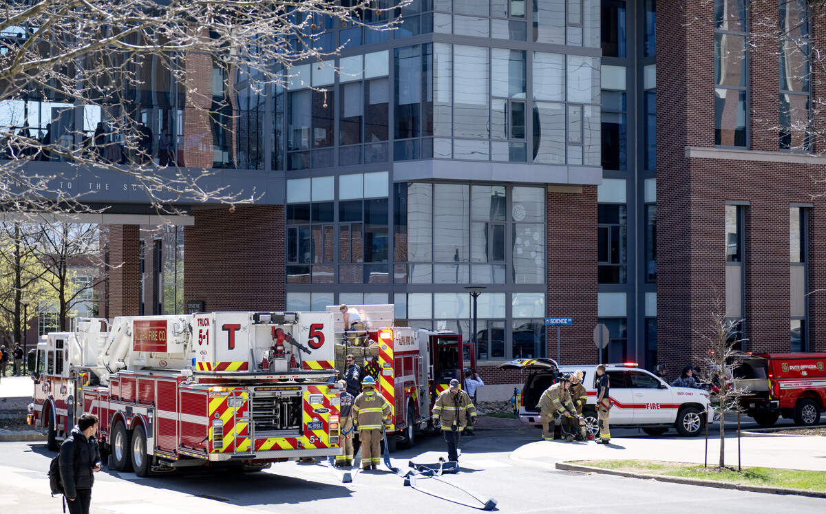 Emergency crews respond to the Benkovic Building on the Penn State campus on Wednesday, April 8, 2026, after a fire reportedly started in Room 219.  