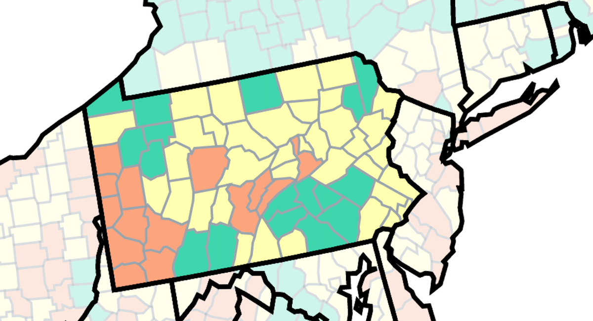 This map of Pennsylvania from the U.S. Centers for Disease Control and Prevention shows COVID-19 community levels as of Aug. 19, 2022. The orange counties are at high, the yellow at medium and the green at low.