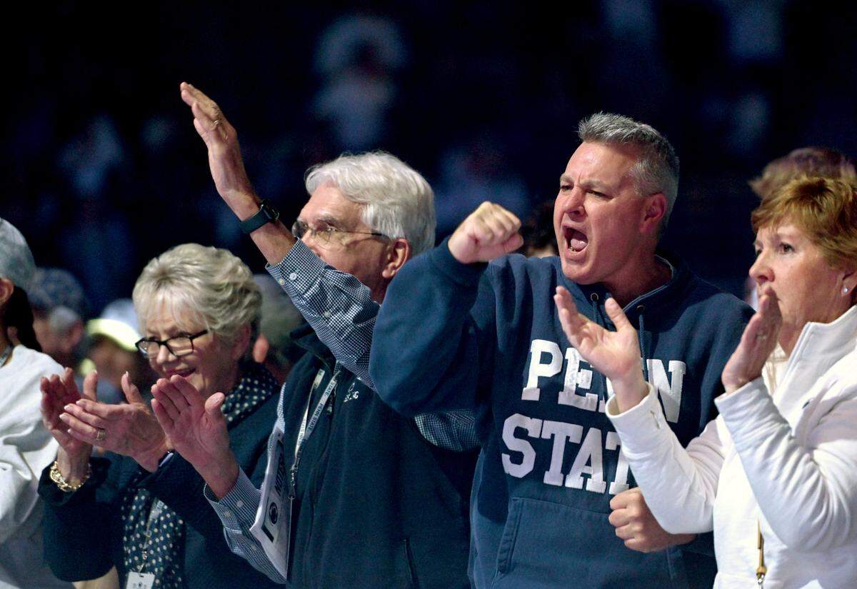 Penn State wrestling fans cheer after Shayne Van Ness’s win during the dual against Iowa on Friday, Jan. 31, 2025 at the Bryce Jordan Center.