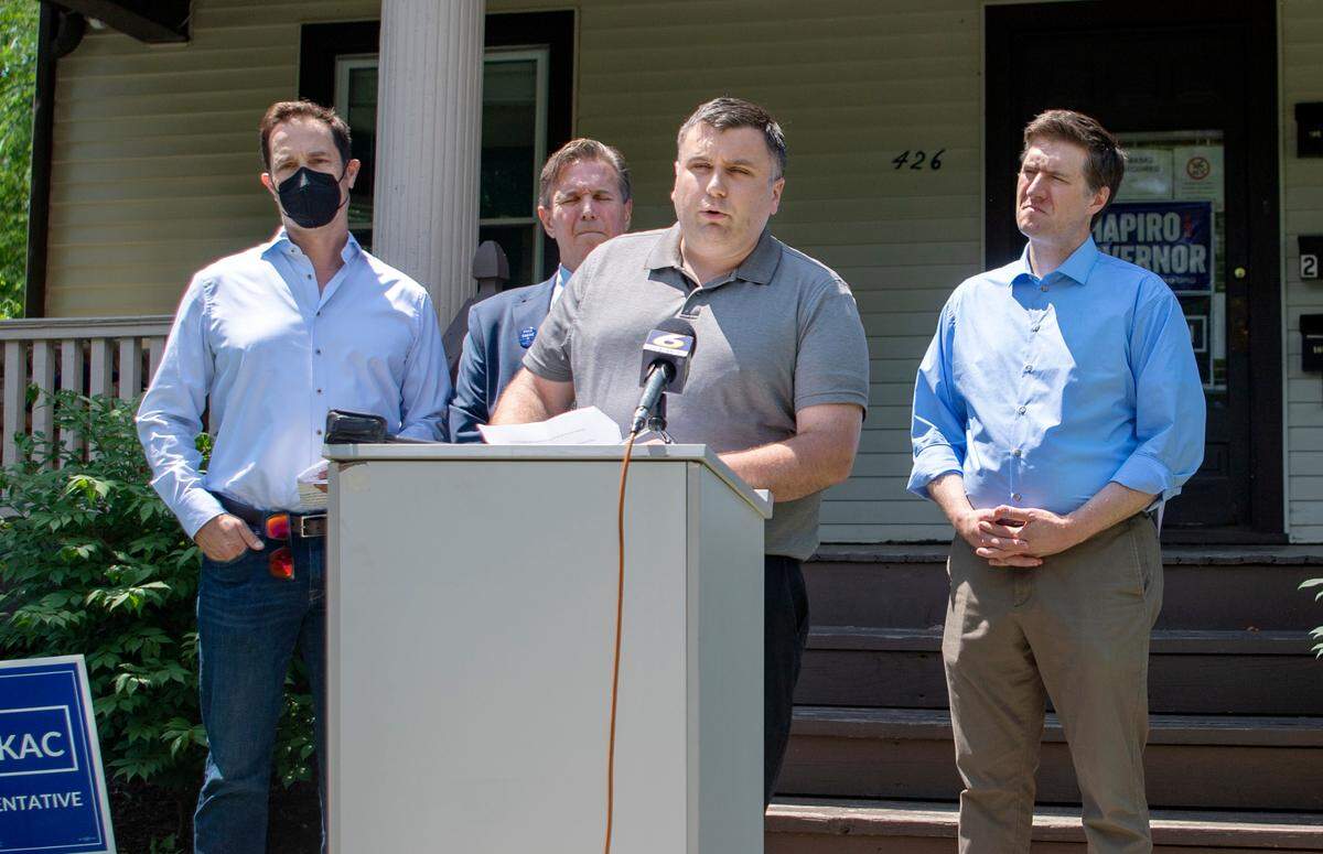 Robert Ziegler, democratic nominee for state house in the 171st district, along with other Centre County democrats hold a press conference to talk about the senate race on Wednesday, June 15, 2022.