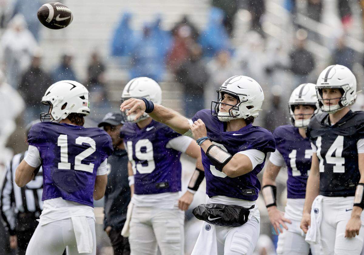 Penn State quarterback Rocco Becht makes a pass during the Blue-White Practice on Saturday, April 25, 2026.  