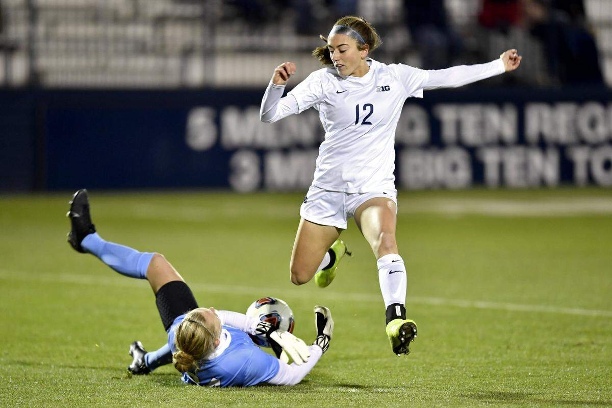 Stony Brook goalkeeper Sofia Manner stops Penn State’s Payton Linnehan during the NCAA tournament at Jeffrey Field on Friday, Nov. 15, 2019. Penn State won 3-1.