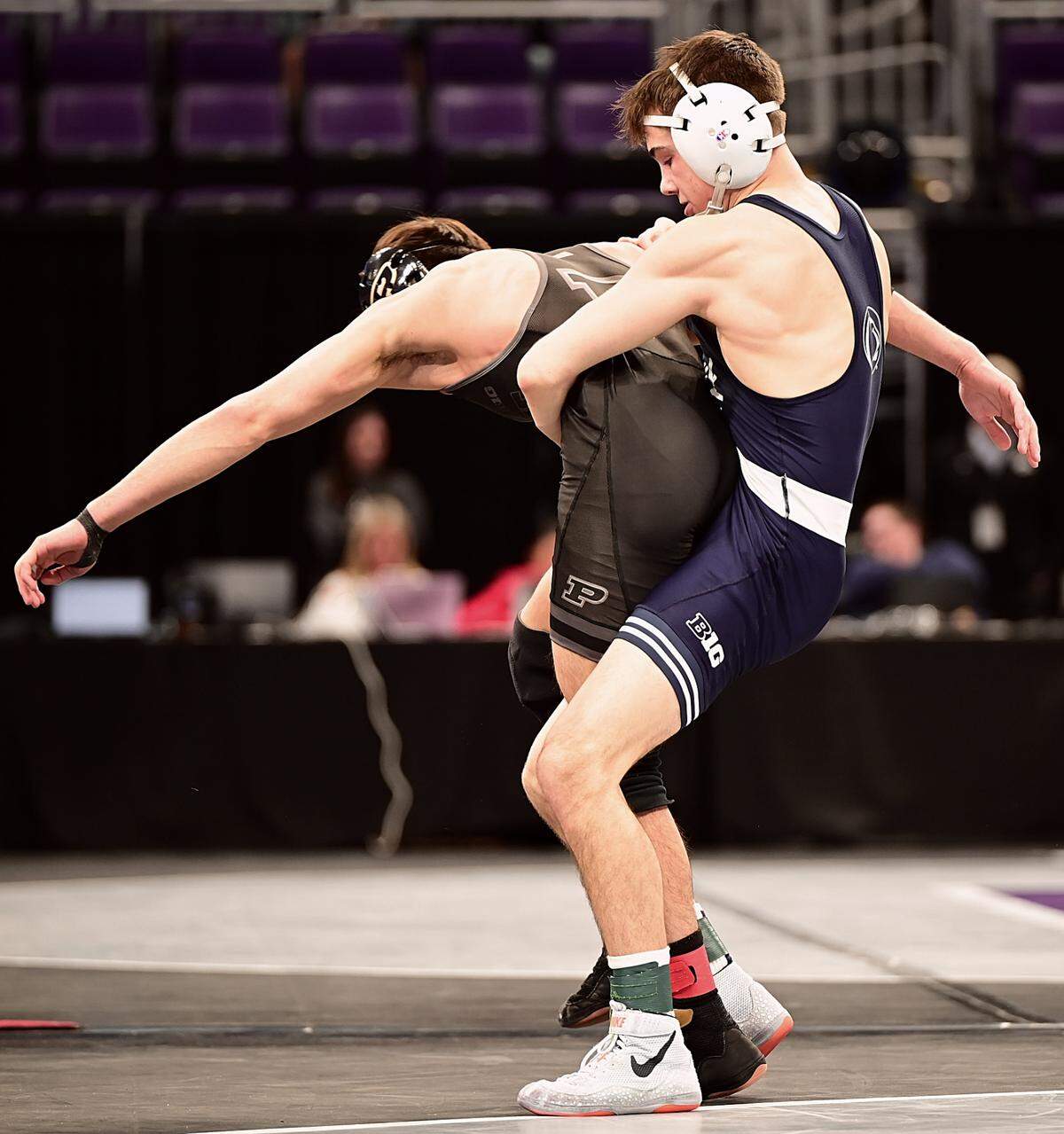 Penn State’s Luke Lilledahl controls Purdue’s Matt Ramos in their 125-pound semifinals match of the Big Ten championships on Saturday inside Welsh Ryan Arena in Evanston, Ill. Lilledahl knocked off the top seed, 12-4.