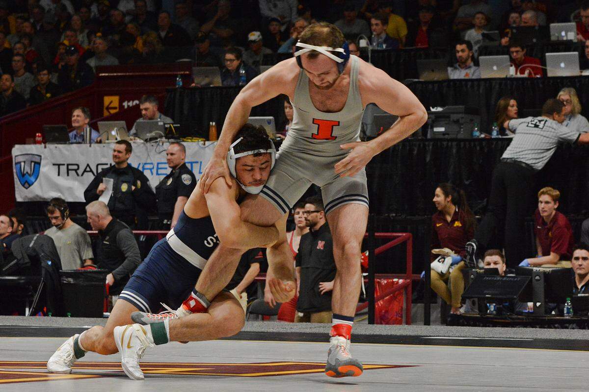 Penn State’s Vincenzo Joseph tallied eight takedowns on Illinois’ Joey Gunther in the quarterfinals of the Big Ten Wrestling Championships at Williams Arena in Minneapolis on Saturday.