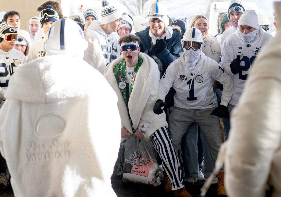 The Penn State student section gets pumped up to be let into Beaver Stadium for the CFP first round game between Penn State and SMU on Saturday, Dec. 21, 2024.