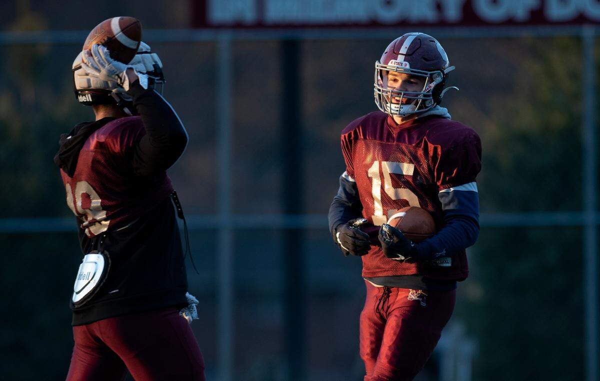 State College’s Kyle Kurzinger jogs during football practice on Tuesday, Nov. 30, 2021. The Little Lions will face Mount Lebanon in the PIAA class 6A semifinals on Saturday.