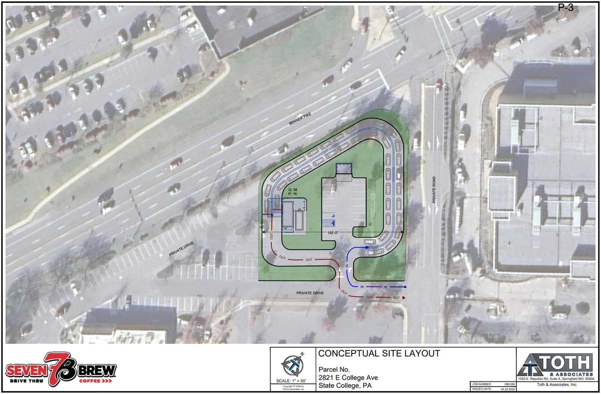 A new 7 Brew drive-thru coffee shop could be in store for a site near the Nittany Mall currently occupied by a parking lot. The sketch plan shown here is not considered a formal proposal.
