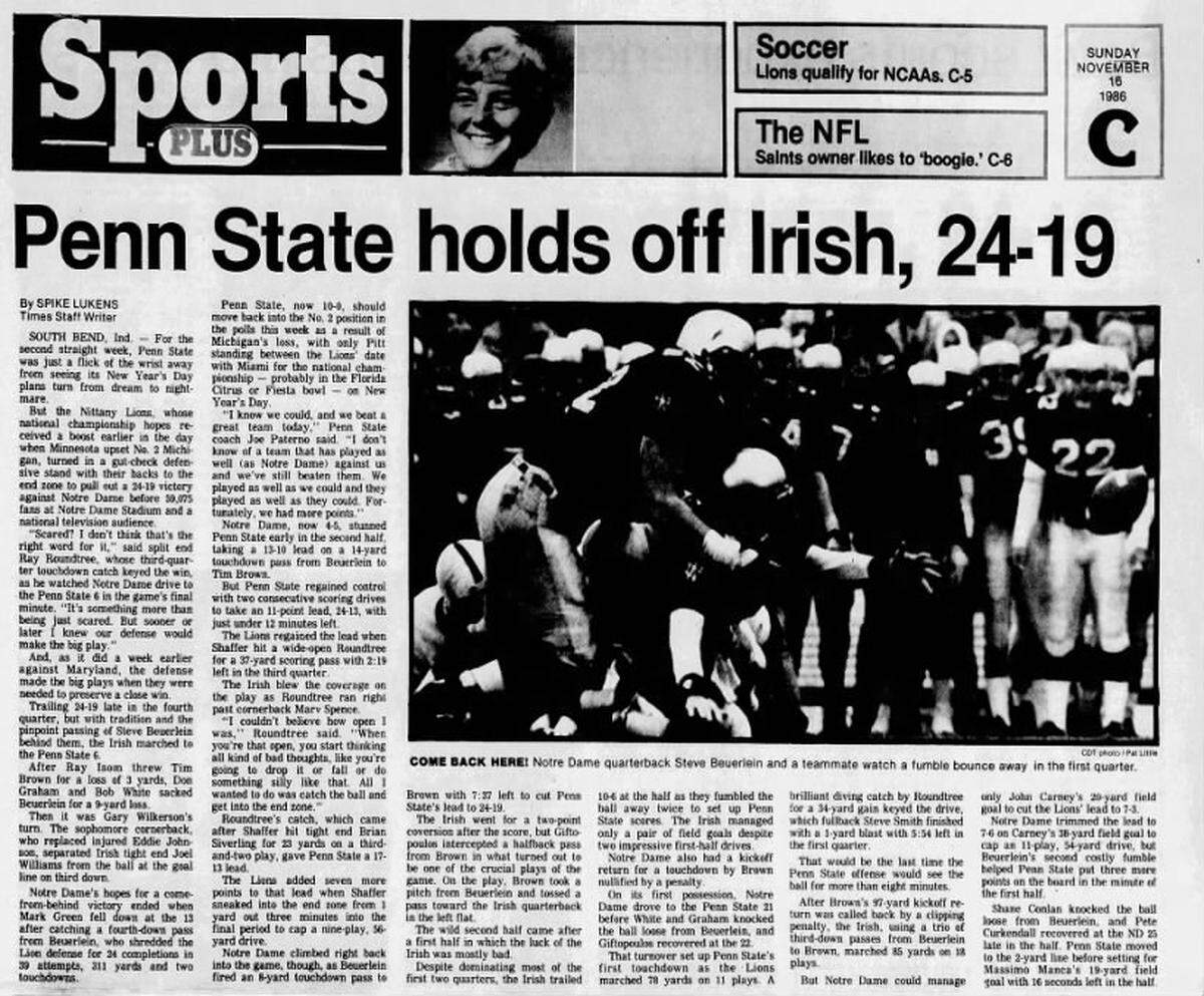 A news story from the Nov. 16, 1968 edition of the Centre Daily Times recapping Penn State’s win over Notre Dame.