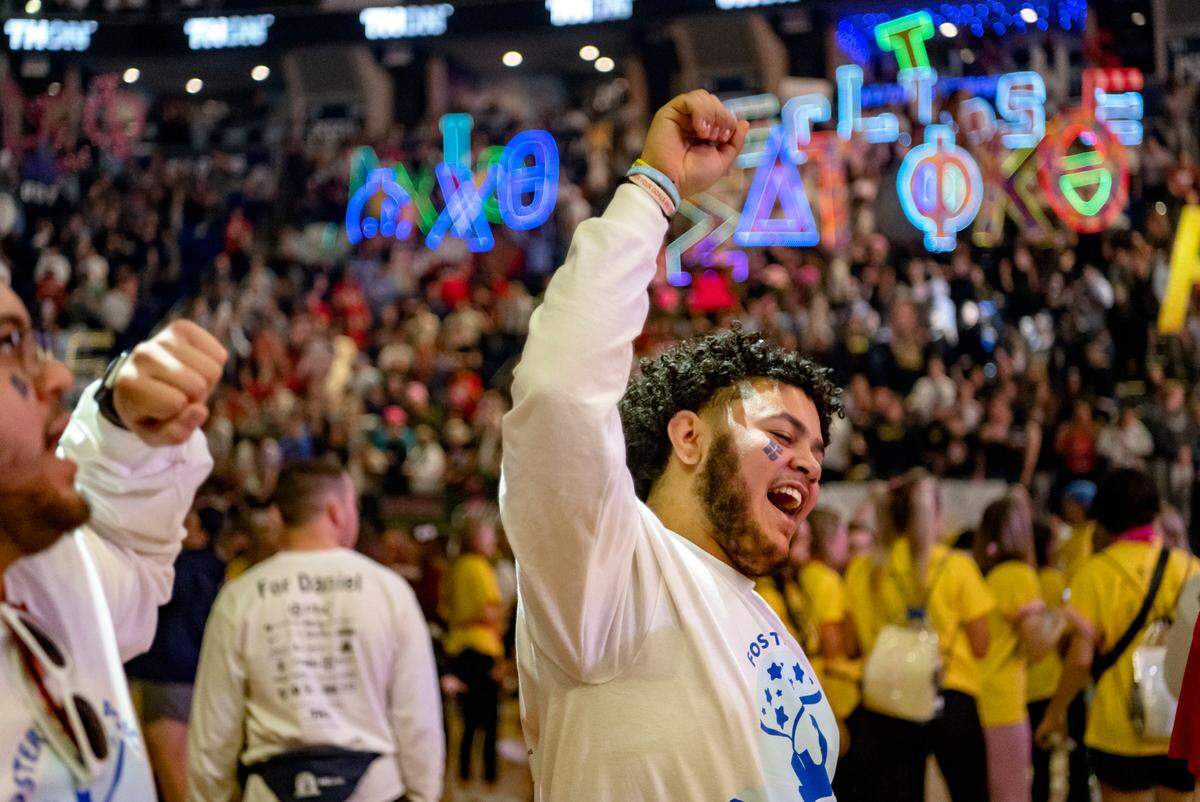 Anthony Garcia dances with his friends from the Lehigh Valley campus during the Penn State IFC/Panhellenic Dance Marathon on Friday, Feb. 17, 2023 at the Bryce Jordan Center.