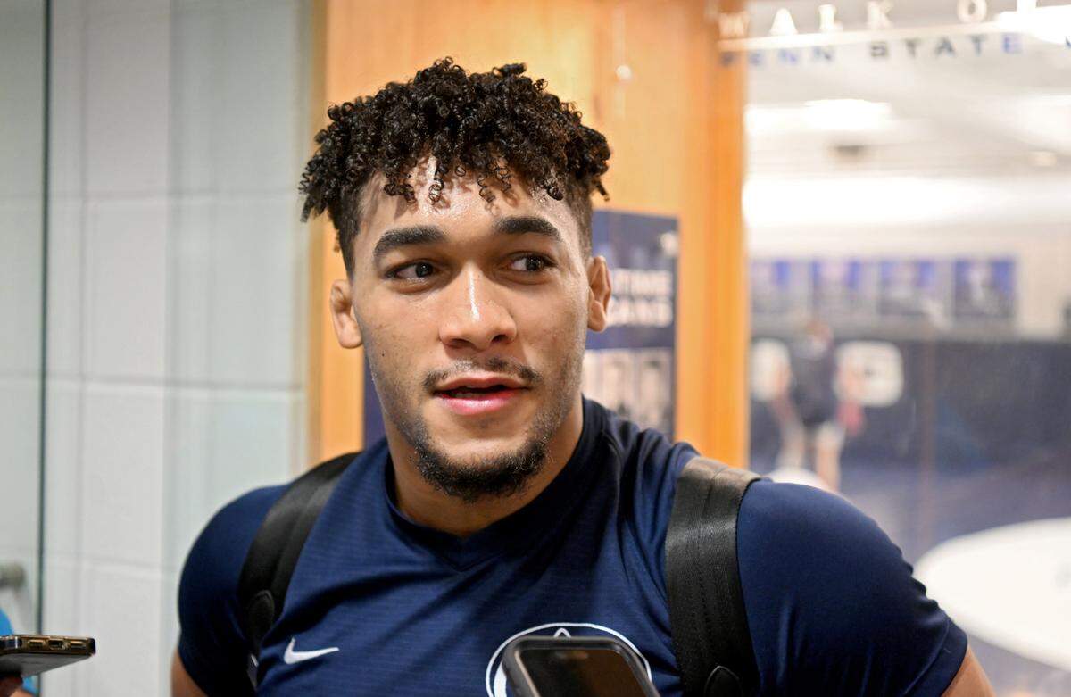 Penn State’s Carter Starocci talks to the media about injury-defaulting at the 2024 Big Ten Wrestling Championships and his excitement for the NCAA Wrestling Championships, on Wednesday, March 13, 2024.