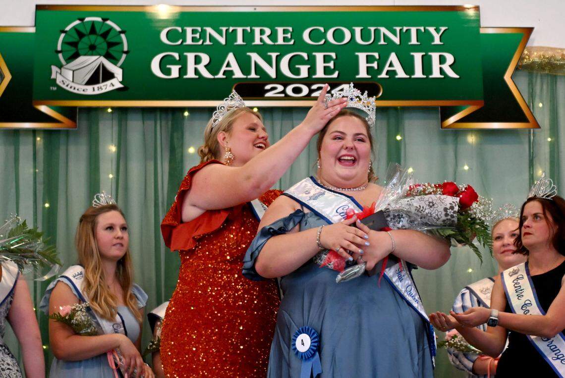 Kryslynn Ronk is crowned the 2024 Centre County Grange Fair Queen by the 2023 Queen Teaghan Bair on Wednesday, Aug. 14, 2024.