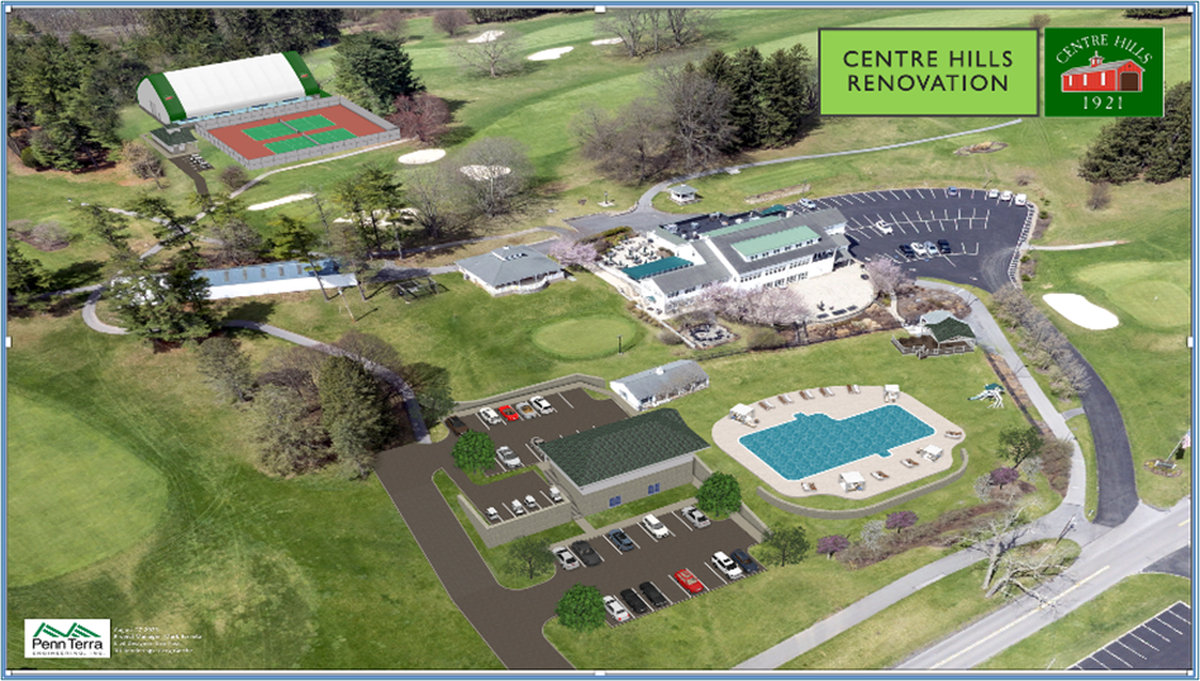This rendering shows a bird’s-eye view of Centre Hills Country Club and its planned renovations.