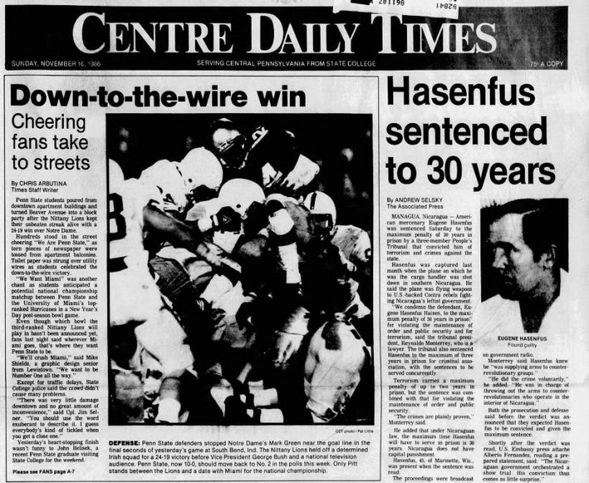 The front page of the Centre Daily Times on Nov. 16, 1986 after Penn State won over Notre Dame.