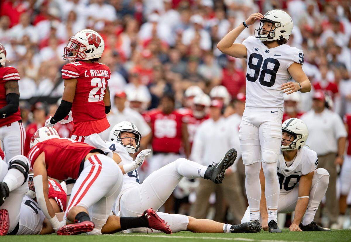 Penn State kicker Jordan Stout reacts to missing a field goal during the game on Saturday, Sept. 4, 2021 at Camp Randall Stadium.