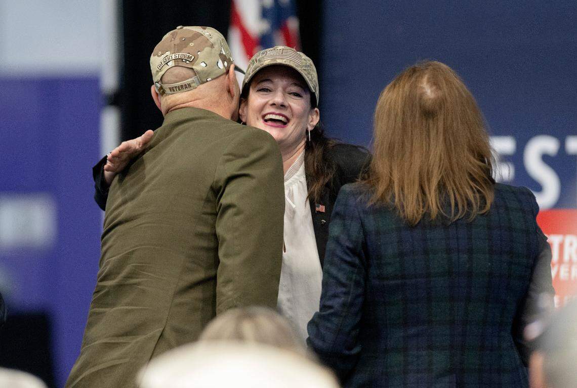 Pennsylvania State Representative Stephanie Borowicz hugs Pennsylvania governor candidate Doug Mastriano after speaking at his rally at C3 Sports on Tuesday, Nov. 1, 2022.