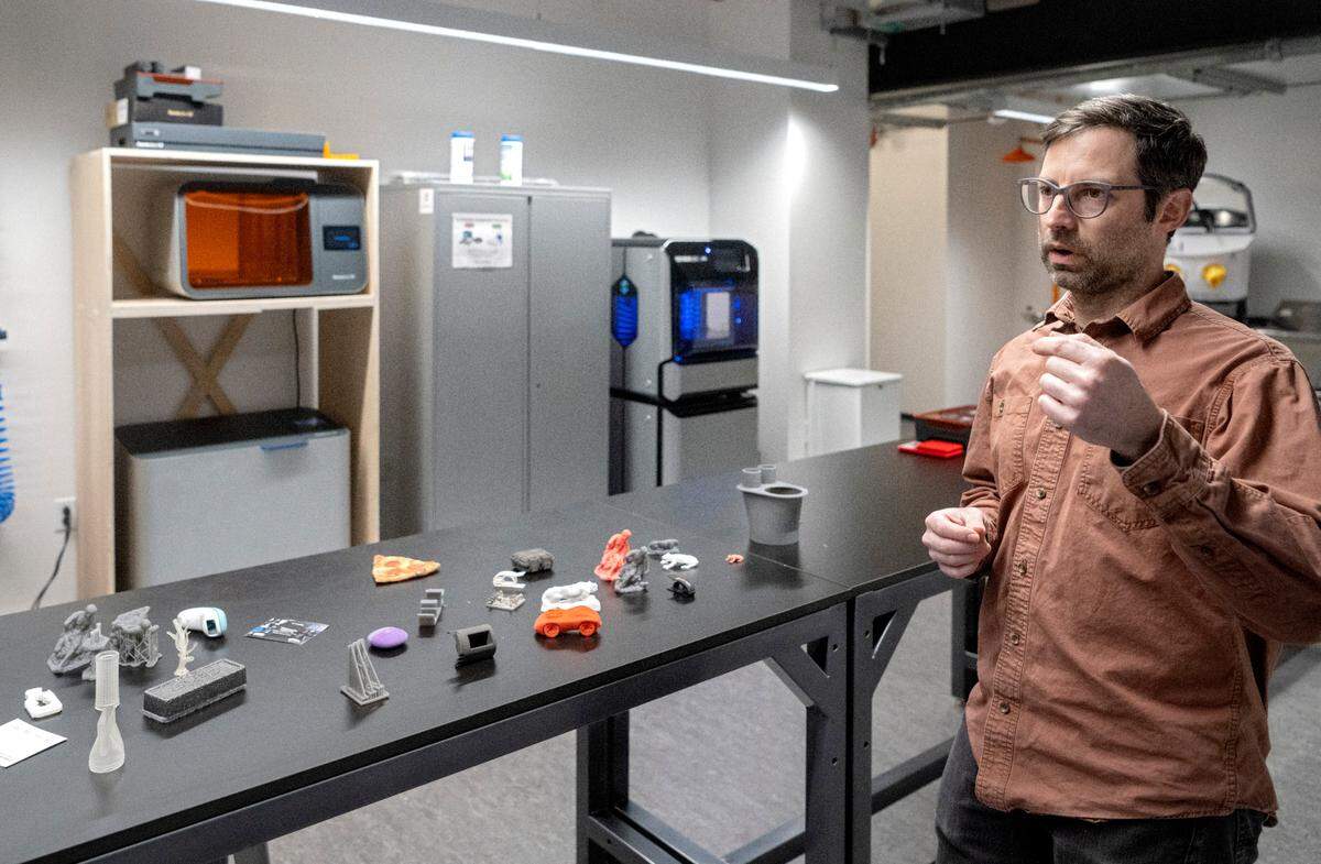 Ryan Mandell, OriginLabs director, talks Tuesday about some of the equipment and materials available for use at the new space in the Eric J. Barron Innovation Hub.