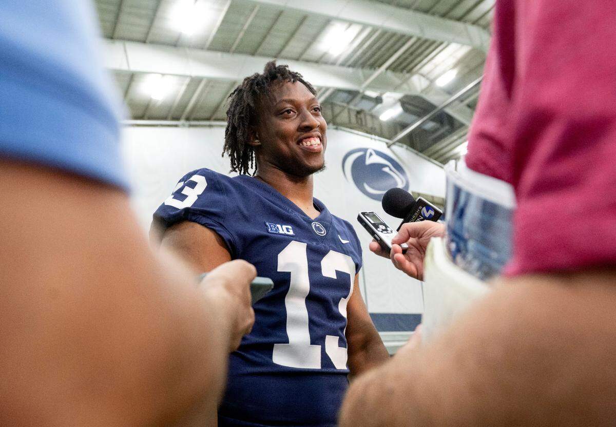 Penn State running back Kaytron Allen talks to reporters during media day on Saturday, Aug. 3, 2024.